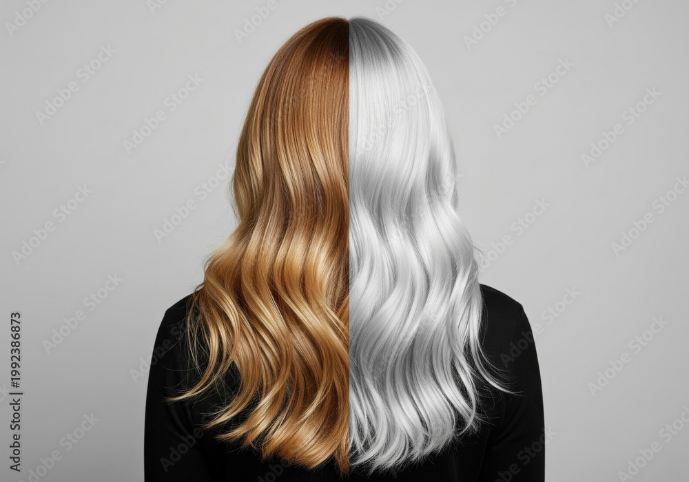 Fototapeta premium Split image of a woman's hair, half blonde and half silver, showing a transformation or duality