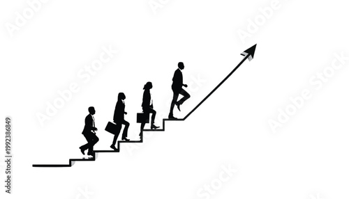 Businesspeople climb a staircase of success to reach their professional career goals and ambitions.