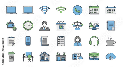 Collection of modern flat icons for technology and business.