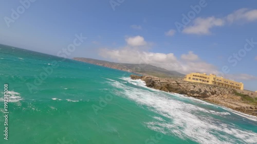 Aerial drone shot.View of famous beach in the summer, Crete, Greece. Famous beach with river and palm trees in Libyan sea. Tropical island, Panoramic view, Most beautiful beaches of Crete island