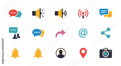 Collection of communication and social media icons on white background.