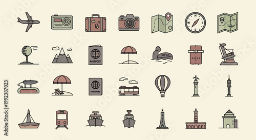 Collection of Travel Icons Representing Transportation and Landmarks.