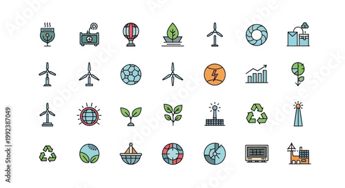 Collection of eco-friendly energy and sustainability icons.