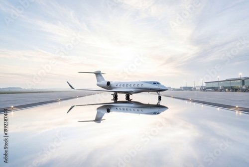 Luxury private jet on airport runway with reflection at sunrise