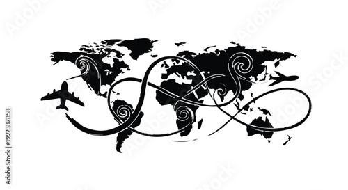 Black and white world map with airplane and swirly design elements