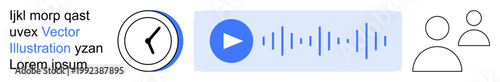 Time management, audio controls, user interfaces, communication tools, digital workflows, productivity. Clock, play button audio waveform and user icons. Time management and audio controls concept