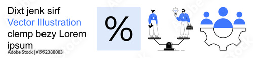 Business strategy, teamwork, decision-making, collaboration, finance, equality. Graphic of percentage symbol, people on scales team icon. Business strategy and teamwork concept