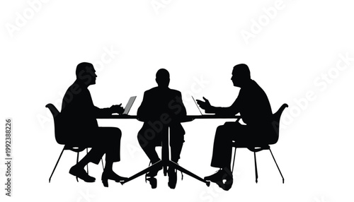 Businesspeople sit at a table with laptops to hold a productive meeting in a modern office space.