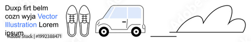 Travel, mobility, urban transportation, minimalism, commuting, speed. Shoes, compact car motion lines and cloud in a minimal design. Travel and mobility in a contemporary context