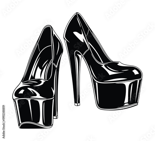 Vector of black high heeled platform shoes with sleek design and tall stiletto heels
