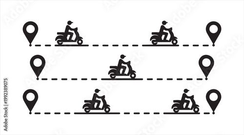 Courier and food delivery symbols set showing scooter routes and navigation tracking