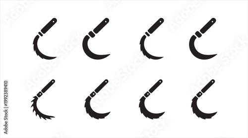 Flat design sickle icons pack for farm work, harvesting, and rural labor themes