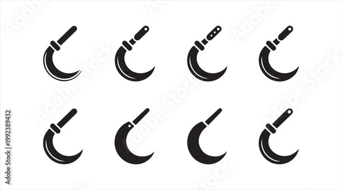 Agriculture and gardening symbols set showing curved cutting tools for crops