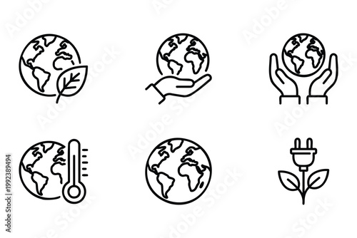 Collection of minimalist ecofriendly icons featuring earth hands leaf and energy symbols