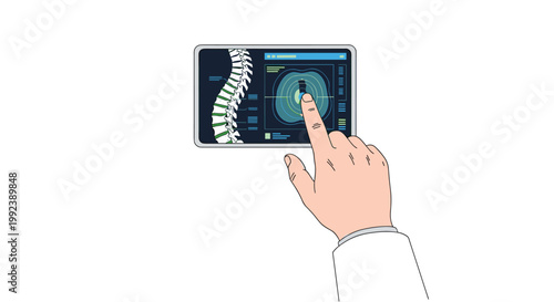 A professional medical practitioner in a white lab coat uses a finger to navigate a digital tablet displaying a detailed anatomical spinal column scan.