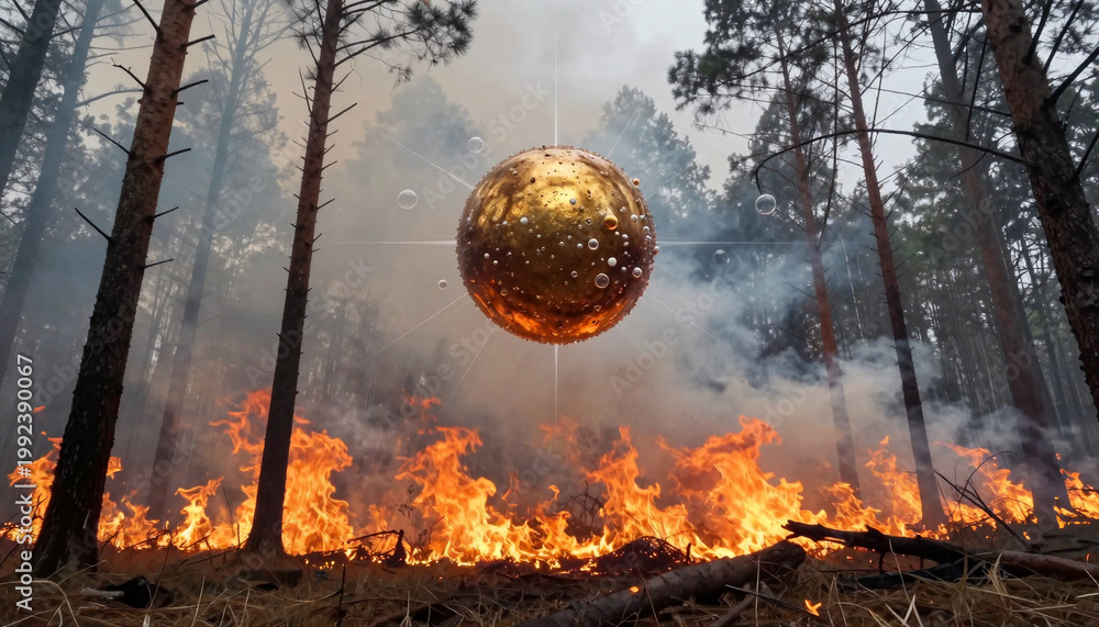 Fototapeta premium Surreal Floating Sphere over Forest Wildfire Landscape