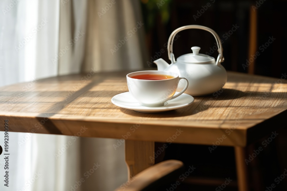 Fototapeta premium Warm Tea With a Teapot on a Wooden Table During Morning Light in a Cozy Room