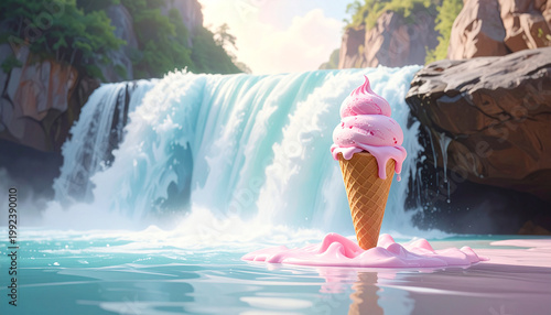 Conceptual image of a pink strawberry soft serve ice cream cone sitting on a turquoise lake.