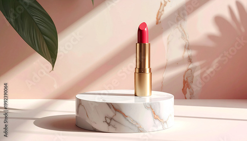 A detailed, close-up shot of a single bold pink lipstick tube in a gold case, standing centered on a round white marble podium with subtle gold veins.