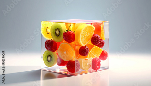 An image of a clear glass cube tightly filled with fresh sliced ​​fruits including kiwi, citrus and raspberries against a clean, softly lit studio background with reflections.