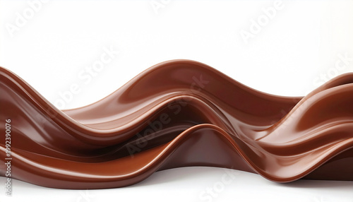 Dynamic 3D render of a smooth, glossy milk chocolate or caramel splash flowing in elegant waves against a clean white background.