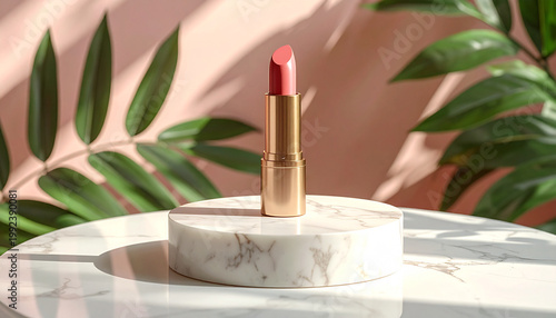 A detailed, close-up shot of a single bold pink lipstick tube in a gold case, standing centered on a round white marble podium with subtle gold veins.