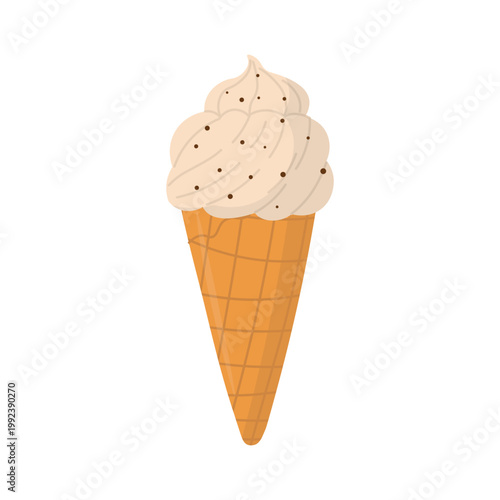 Vanilla ice cream cone with chocolate sprinkles in soft pastel flat style.