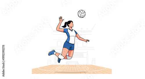 A dynamic female athlete wearing a blue and white sports uniform jumps high into the air to spike a volleyball over the net in a large indoor stadium.