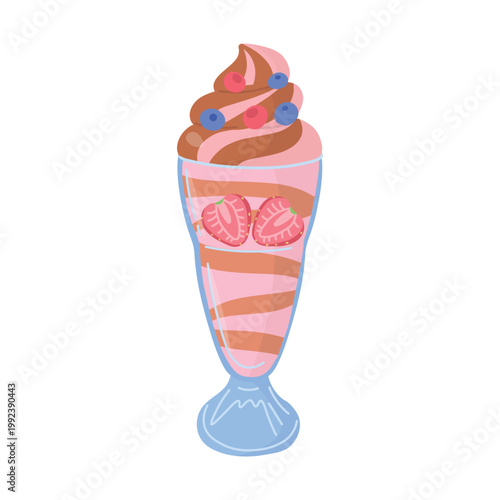 Layered ice cream dessert in glass with strawberries and cream in pastel style.