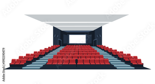 A symmetrical movie theater interior displays vibrant red plush seats and glowing blue illuminated aisle steps leading toward a bright white screen.