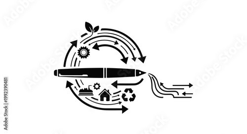 Eco friendly sustainable living concept with recycling symbols and a pencil
