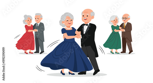 Three elegant elderly couples dressed in formal evening attire enjoy ballroom dancing together against a clean white background with graceful movements.
