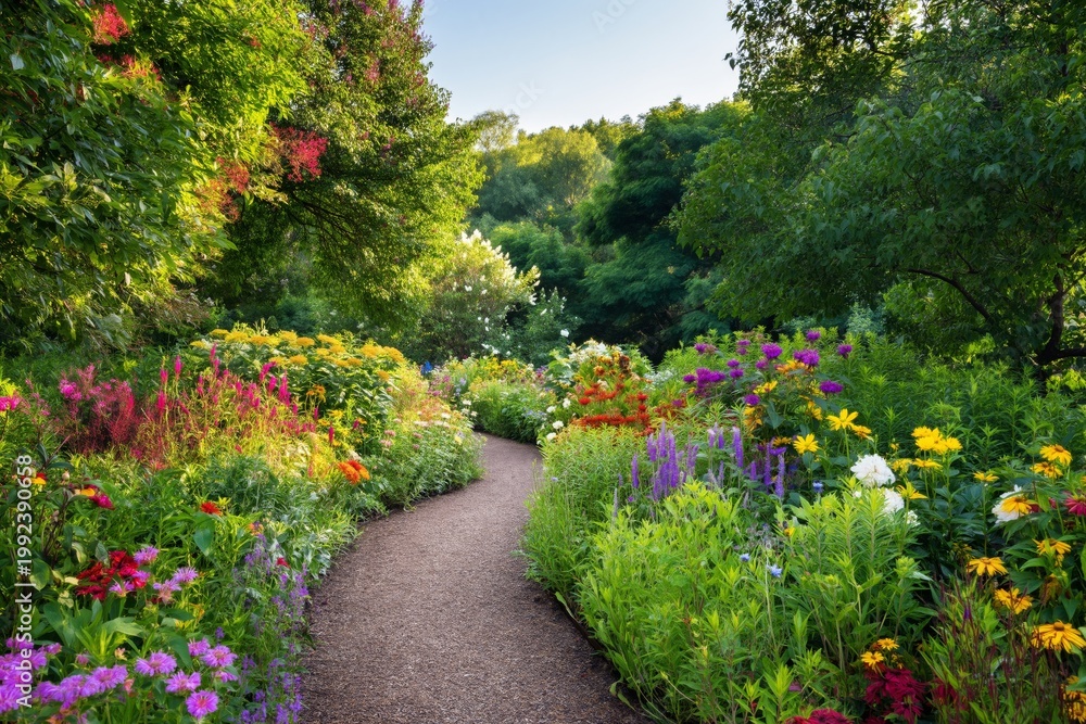 Fototapeta premium Colorful Flowers Line a Winding Path in a Garden During a Sunny Day