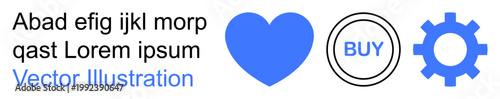 E-commerce, user interface, digital shopping, product customization, technology, visual marketing. Blue heart, buy button and gear symbol in clean minimal design. E-commerce and user interface