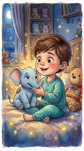 Cute Child Playing with Toy Elephant in Cozy Bedroom Watercolor Illustration