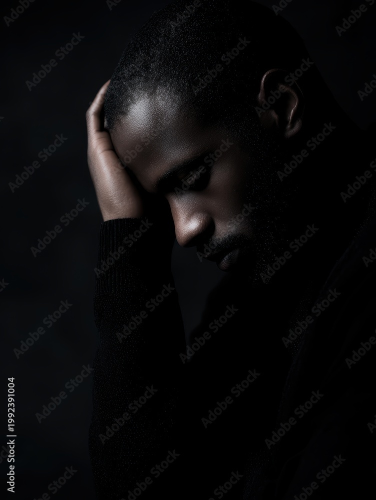 Fototapeta premium Depressed black man portrait, emotional concept, dark tone