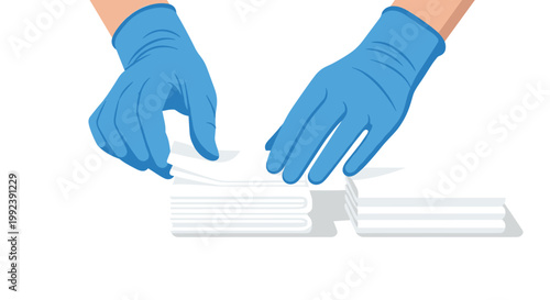 Two hands protected by blue latex gloves are shown carefully folding and stacking pristine white medical gauze pads on a clean sterile white surface.