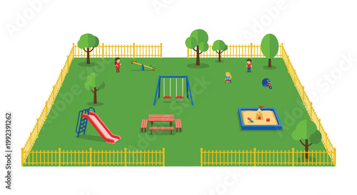 A bird's-eye view of a vibrant green fenced playground features children playing on various equipment including a red slide, blue swings, and a sandbox.
