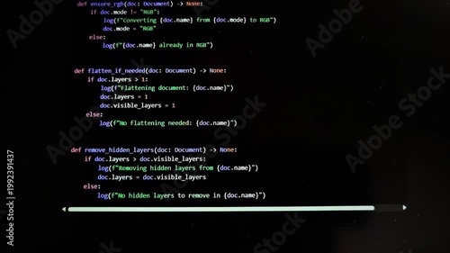 Artificial intelligence generates code on computer screen in dark mode. Language model writes programming script automatically in real time. Technology concept highlights automation and