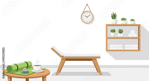 A serene and minimalist spa treatment room features a wooden massage bed and a shelf with potted succulents against a clean white wall in soft light.