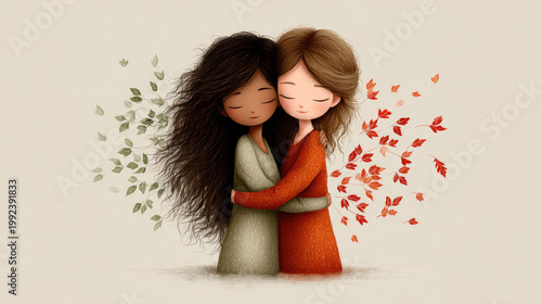 Warm embrace between two diverse young women symbolizing global friendship and unity, celebrating heartfelt connection with swirling green and red leaves