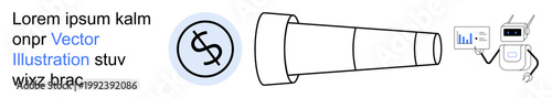 Business growth, financial analysis, technology, automation, data visualization, future planning. Minimalistic design with a telescope, dollar symbol and robot analyzing graph. Business growth