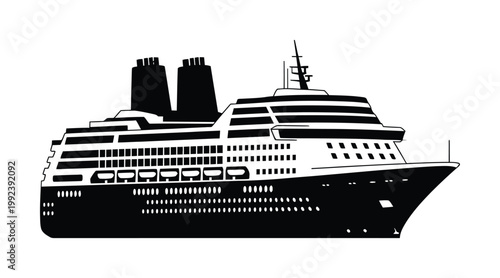 Large vector of a cruise ship silhouette with two smoke stacks and multiple decks