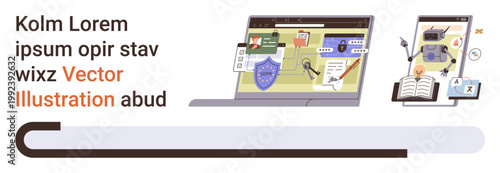 Cybersecurity, online learning, research, data protection, digital tools, remote work. A laptop with shields and educational icons. Cybersecurity and online learning in a contemporary manner