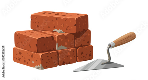 A small stack of rustic red clay bricks is positioned beside a professional metal masonry trowel with a polished wooden handle on a white background.