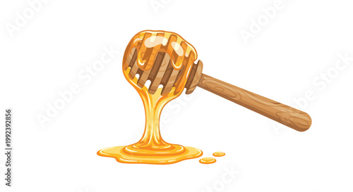 A classic wooden honey dipper is heavily coated in thick golden syrup that drips slowly into a glistening pool of honey against a white background.