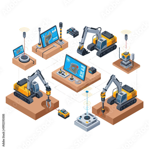 Isometric View of Remote Controlled Excavators and Control Systems.