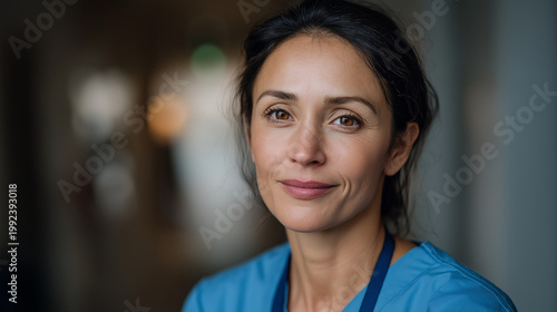 Portrait of a Confident Female Healthcare Professional in Blue Scrubs