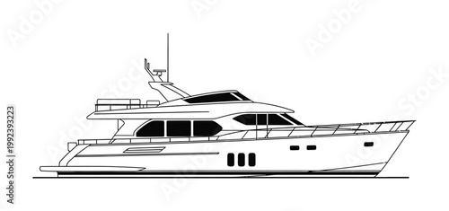 Vector of a sleek modern yacht with a streamlined design and spacious deck area.