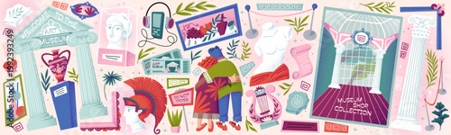 Museum art and exhibition. Vector illustrations of a classical statue, antique column, tickets, visitors, player with headphones, hypostasis bust, harp, Greek ornament, historical vase, gallery